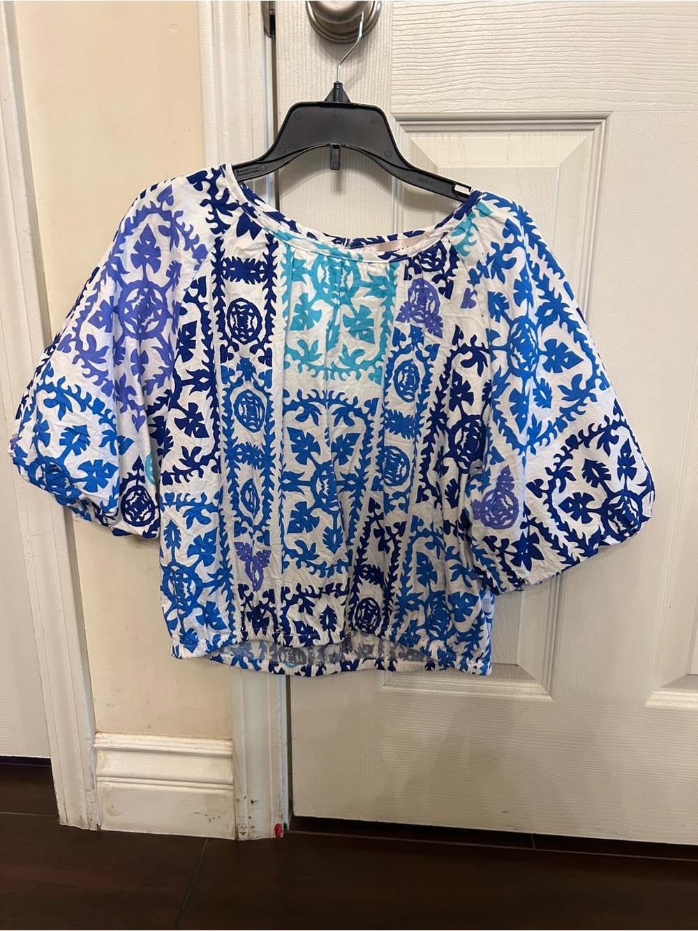 Catherine Malandrino Blue & White Tile-Print Cropped Top